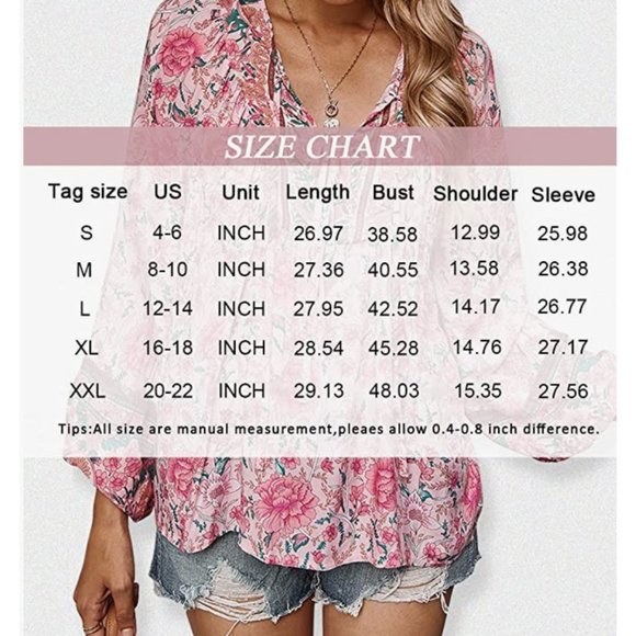 Pink Boho Floral Printed Tie V-Neck Loose Flowy Long Sleeve Top Blouse - Picture 5 of 6